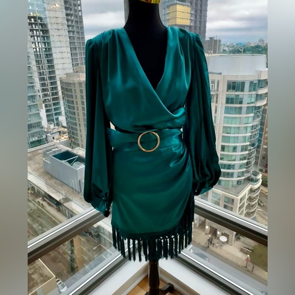 🆕 BRONX & BANCO 🧿 NWOT Monica Long Sleeve Satin Wrap Dress, Fringed Hem - Picture 3 of 16